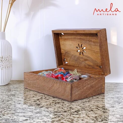 Mela Artisans Decorative Storage Box with Hinged Lid - Light Burnt, Large | 9" x 6" x 3.5" | Rustic Serena Style | Crafted from Mango Wood|Ideal for Keepsakes, Trinkets, Jewelry and Tea Box, Book Boxs in Kuwait