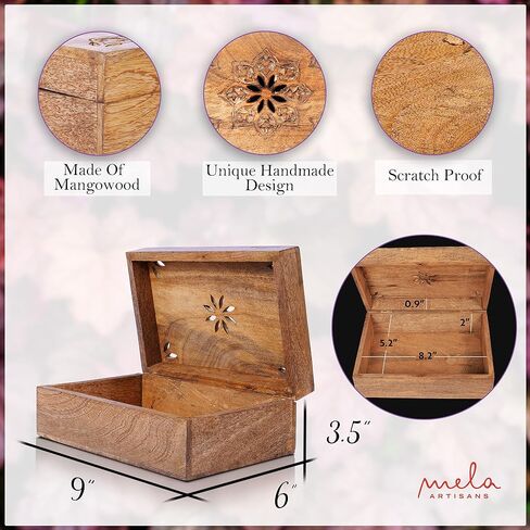 Mela Artisans Decorative Storage Box with Hinged Lid - Light Burnt, Large | 9" x 6" x 3.5" | Rustic Serena Style | Crafted from Mango Wood|Ideal for Keepsakes, Trinkets, Jewelry and Tea Box, Book Boxs in Kuwait