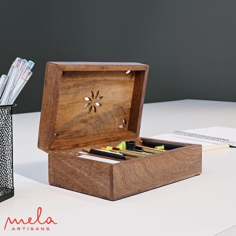 Mela Artisans Decorative Storage Box with Hinged Lid - Light Burnt, Large | 9" x 6" x 3.5" | Rustic Serena Style | Crafted from Mango Wood|Ideal for Keepsakes, Trinkets, Jewelry and Tea Box, Book Boxs in Kuwait