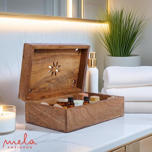 Mela Artisans Decorative Storage Box with Hinged Lid - Light Burnt, Large | 9" x 6" x 3.5" | Rustic Serena Style | Crafted from Mango Wood|Ideal for Keepsakes, Trinkets, Jewelry and Tea Box, Book Boxs in Kuwait