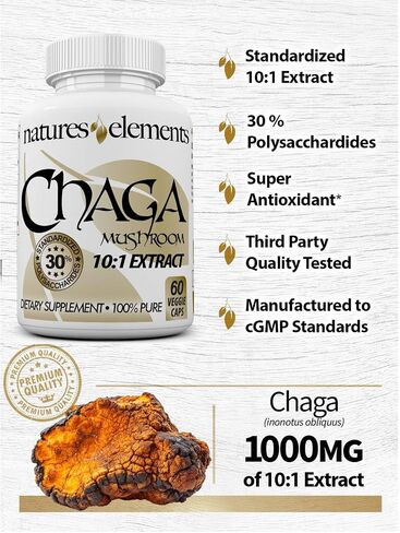 Natures Elements Chaga Mushroom – Pack of 3 – 10:1 Extract with 30% Polysaccharides – 1000mg Per Serving – 180 Veggie Capsules – Immune Support – Super Antioxidant – 3 Month Supply in Saudi Arabia