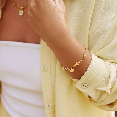Gold Bracelets for Women,14K Gold-Plated Dainty A-Z Letter Cross Initial Bracelet for Women, Hypoallergenic Paperclip Chain Bracelets Fashion Accessories Religious Christian Gift in Saudi Arabia