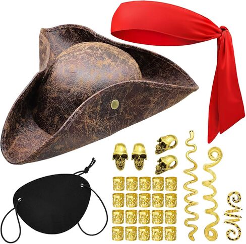 Tricorn Pirate Hat Halloween Costume Accessories for Men Women Faux Leather Pirate Hat Viking Jewelry Cosplay in Kuwait