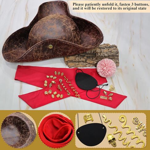 Tricorn Pirate Hat Halloween Costume Accessories for Men Women Faux Leather Pirate Hat Viking Jewelry Cosplay in Kuwait