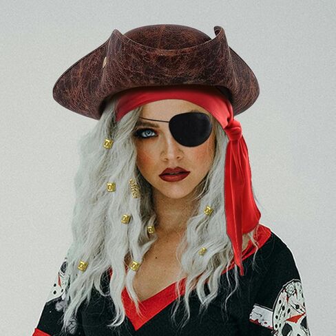 Tricorn Pirate Hat Halloween Costume Accessories for Men Women Faux Leather Pirate Hat Viking Jewelry Cosplay in Kuwait