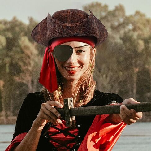 Tricorn Pirate Hat Halloween Costume Accessories for Men Women Faux Leather Pirate Hat Viking Jewelry Cosplay in Kuwait