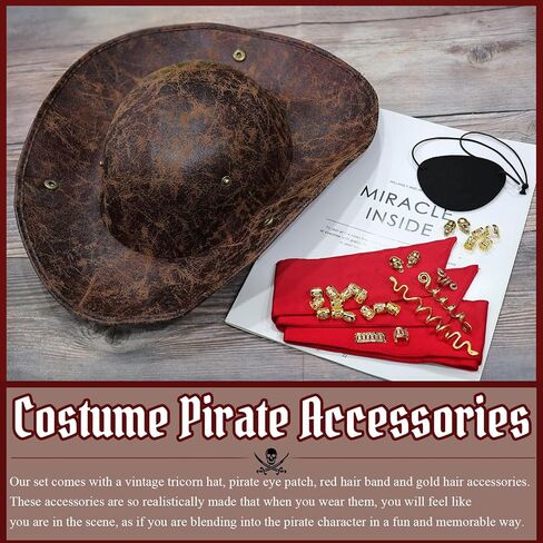 Tricorn Pirate Hat Halloween Costume Accessories for Men Women Faux Leather Pirate Hat Viking Jewelry Cosplay in Kuwait