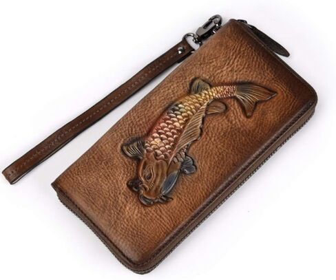 Women's Cowhide Genuine Leather Zipper Wallet Retro Carved Multi-Layer Clutch (retro brown) in Saudi Arabia