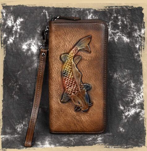 Women's Cowhide Genuine Leather Zipper Wallet Retro Carved Multi-Layer Clutch (retro brown) in Saudi Arabia