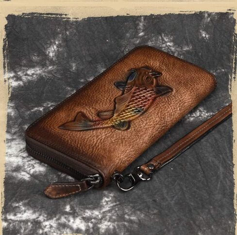 Women's Cowhide Genuine Leather Zipper Wallet Retro Carved Multi-Layer Clutch (retro brown) in Saudi Arabia
