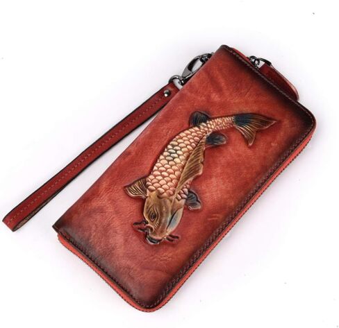 Women's Cowhide Genuine Leather Zipper Wallet Retro Carved Multi-Layer Clutch (retro brown) in Saudi Arabia