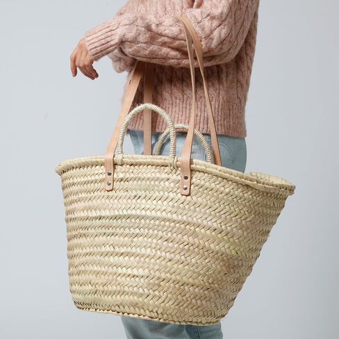 Solart Liz Xtra Large Basket Bag – 100% Organic & Handmade in Barcelona, Spain | Eco-Friendly Tote Bag with Cream Leather Straps | Stylish Handbag for Women, Perfect for Travel, Shopping, and Picnics in Saudi Arabia