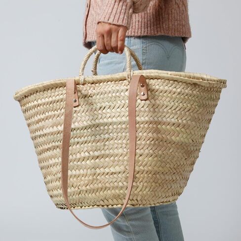 Solart Liz Xtra Large Basket Bag – 100% Organic & Handmade in Barcelona, Spain | Eco-Friendly Tote Bag with Cream Leather Straps | Stylish Handbag for Women, Perfect for Travel, Shopping, and Picnics in Saudi Arabia
