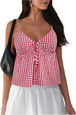 Women's Gingham Bowknot Camisole Tops V Neck Sleeveless Ruffle Babydoll Top in Saudi Arabia