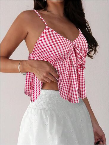Women's Gingham Bowknot Camisole Tops V Neck Sleeveless Ruffle Babydoll Top in Saudi Arabia