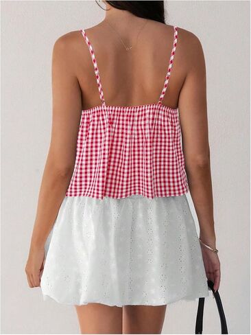 Women's Gingham Bowknot Camisole Tops V Neck Sleeveless Ruffle Babydoll Top in Saudi Arabia