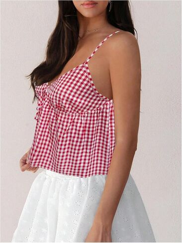Women's Gingham Bowknot Camisole Tops V Neck Sleeveless Ruffle Babydoll Top in Saudi Arabia