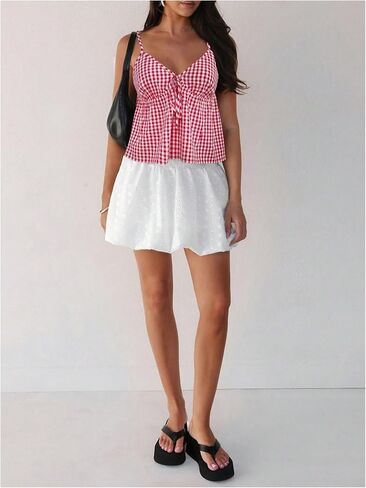 Women's Gingham Bowknot Camisole Tops V Neck Sleeveless Ruffle Babydoll Top in Saudi Arabia