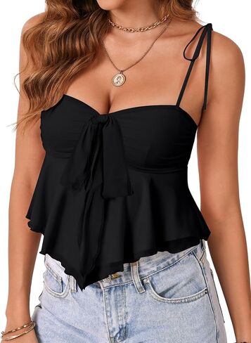 Rooscier Women's Straps Knotted Front Sleeveless V Neck Vintage Peplum Sexy Cami Top in Saudi Arabia