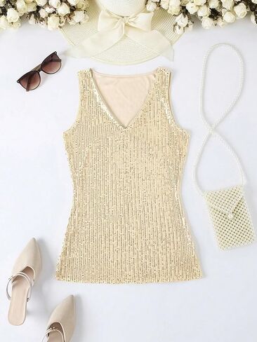 SweatyRocks Women's Sequin Tank Tops V Neck Sleeveless Shirts Sexy Sparkle Shimmer Party Outfits in Saudi Arabia