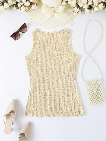 SweatyRocks Women's Sequin Tank Tops V Neck Sleeveless Shirts Sexy Sparkle Shimmer Party Outfits in Saudi Arabia