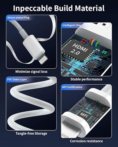[Apple MFI Certified] Lightning to HDMI Adapter ، موصل شاشة Sync Video Digital Digital AV Digital AV 1080P HD متوافق مع iPhone/iPad لشاشة جهاز عرض التلفزيون لا حاجة إلى إمدادات الطاقة (أبيض) in Kuwait