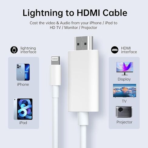 [Apple MFI Certified] Lightning to HDMI Adapter ، موصل شاشة Sync Video Digital Digital AV Digital AV 1080P HD متوافق مع iPhone/iPad لشاشة جهاز عرض التلفزيون لا حاجة إلى إمدادات الطاقة (أبيض) in Kuwait