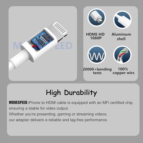 [Apple MFI Certified] Lightning to HDMI Adapter ، موصل شاشة Sync Video Digital Digital AV Digital AV 1080P HD متوافق مع iPhone/iPad لشاشة جهاز عرض التلفزيون لا حاجة إلى إمدادات الطاقة (أبيض) in Kuwait