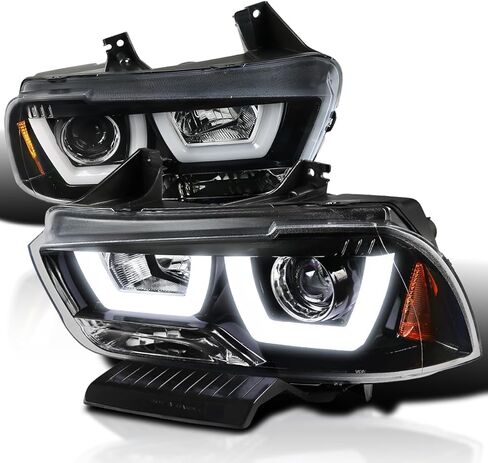 مواصفات توليف Dual Halo LED LED لامع اللمعان الأسود الإسقاط المصابيح الأمامية المتوافقة مع شاحن Dodge 2011-2014 ، مجموعة مصابيح الأمامية اليمنى + الأيسر. in Kuwait