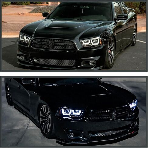 مواصفات توليف Dual Halo LED LED لامع اللمعان الأسود الإسقاط المصابيح الأمامية المتوافقة مع شاحن Dodge 2011-2014 ، مجموعة مصابيح الأمامية اليمنى + الأيسر. in Kuwait