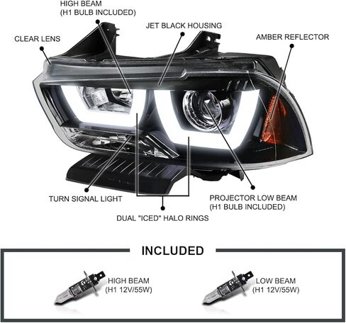 مواصفات توليف Dual Halo LED LED لامع اللمعان الأسود الإسقاط المصابيح الأمامية المتوافقة مع شاحن Dodge 2011-2014 ، مجموعة مصابيح الأمامية اليمنى + الأيسر. in Kuwait