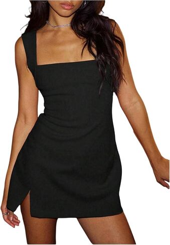 SOLY HUX Women's Summer Sleeveless Mini Dress Square Neck Split Hem Bodycon Party Club Dresses in Saudi Arabia