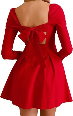 Women Long Sleeve Fall Mini Dress Bow Tie Party Cocktail Wedding Guest Square Neck Short Dresses in Kuwait