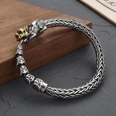 Feng Shui Pi Xiu Bracelets Amulet, Vintage Adjustable 925 Sterling Silver Bracelet, Mantra Fortune Protection Bangle Bracelets, Hand Carved Lucky Fengshui Decor in Kuwait