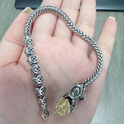 Feng Shui Pi Xiu Bracelets Amulet, Vintage Adjustable 925 Sterling Silver Bracelet, Mantra Fortune Protection Bangle Bracelets, Hand Carved Lucky Fengshui Decor in Kuwait