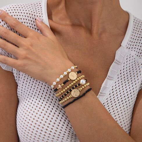 HUASAI 14K Gold Beaded Bracelets for Women Trendy Non Tarnish Gold Bracelet Stack Jewelry Sets Paperclip Cross Pearl Bracelets Set Stackable Jewelry for Birthday Christmas Gifts 2024 in Kuwait