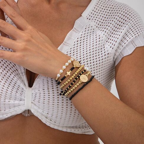 HUASAI 14K Gold Beaded Bracelets for Women Trendy Non Tarnish Gold Bracelet Stack Jewelry Sets Paperclip Cross Pearl Bracelets Set Stackable Jewelry for Birthday Christmas Gifts 2024 in Kuwait