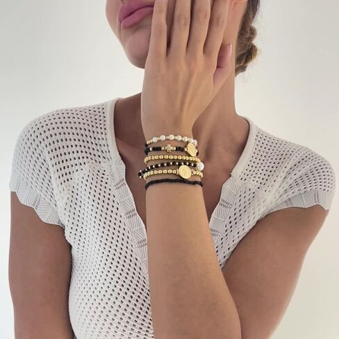 HUASAI 14K Gold Beaded Bracelets for Women Trendy Non Tarnish Gold Bracelet Stack Jewelry Sets Paperclip Cross Pearl Bracelets Set Stackable Jewelry for Birthday Christmas Gifts 2024 in Kuwait