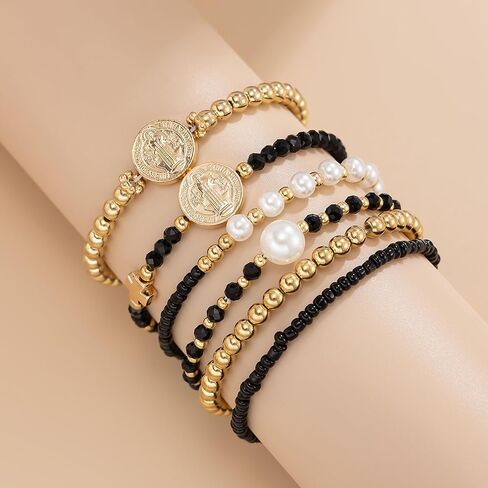 HUASAI 14K Gold Beaded Bracelets for Women Trendy Non Tarnish Gold Bracelet Stack Jewelry Sets Paperclip Cross Pearl Bracelets Set Stackable Jewelry for Birthday Christmas Gifts 2024 in Kuwait