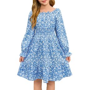 Haloumoning Girls Dresses Kids Floral Long Lantern Sleeve Square Neck Smocked Flowy Dress 5-14 Years in Saudi Arabia