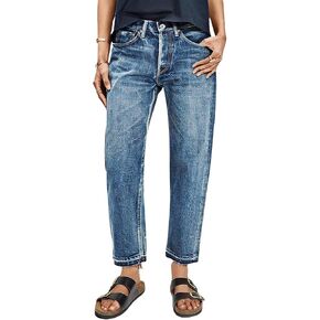 Flamingals Straight Leg Jeans for Women Mid Rise Casual Cropped Slim Fit Raw Hem Wash Detail Denim Pants in Kuwait