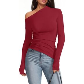 Women's Sexy Off Shoulder Tops Long Sleeve Asymmetrical Slim Fit Going Out Fall Blouse Ruched Tight Shirts in Kuwait