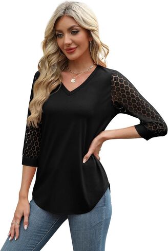 3/4 Length Sleeve Womens Tops V-Neck Lace Tunic Tops Business Casual Blouses 2025 in Saudi Arabia