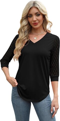 3/4 Length Sleeve Womens Tops V-Neck Lace Tunic Tops Business Casual Blouses 2025 in Saudi Arabia