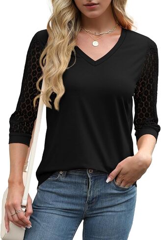 3/4 Length Sleeve Womens Tops V-Neck Lace Tunic Tops Business Casual Blouses 2025 in Saudi Arabia