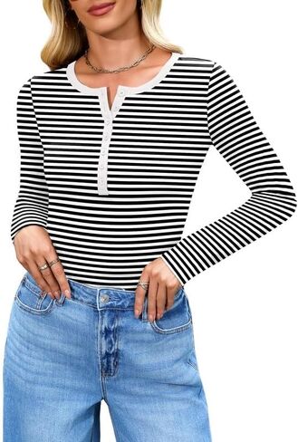 Long Sleeve Shirts for Women 2025 Spring Fall Tops Henley Button Ribbed Tunic Slim Fit Trendy Outfits in Saudi Arabia