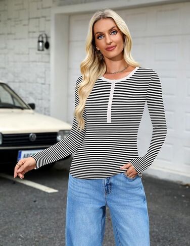 Long Sleeve Shirts for Women 2025 Spring Fall Tops Henley Button Ribbed Tunic Slim Fit Trendy Outfits in Saudi Arabia