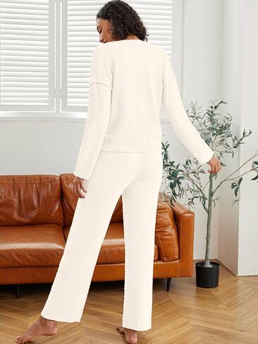 طقم بيجامة نسائي من NORACORA مكون من قطعتين من الصوف الغامض وأكمام طويلة ورقبة على شكل حرف V طقم بيجامة منفوش ملابس نوم متطابقة in Kuwait