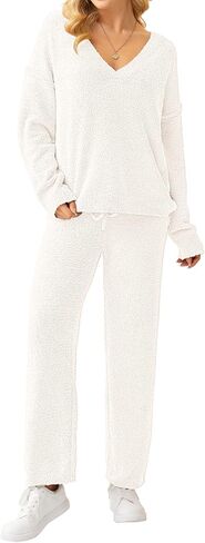 طقم بيجامة نسائي من NORACORA مكون من قطعتين من الصوف الغامض وأكمام طويلة ورقبة على شكل حرف V طقم بيجامة منفوش ملابس نوم متطابقة in Kuwait