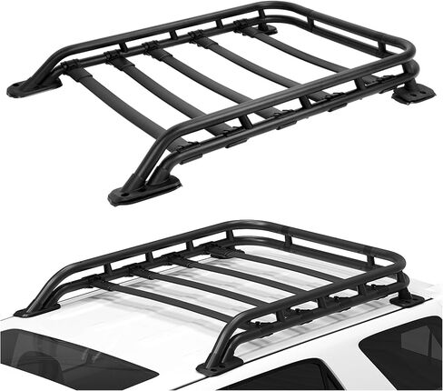 سلة شحن رف السقف من ECOTRIC متوافقة مع 2010-2023 Toyota 4Runner Sport Utility 4 أبواب، حامل الأمتعة على السطح قضبان مساحة إضافية مطلية بمسحوق أسود in Saudi Arabia